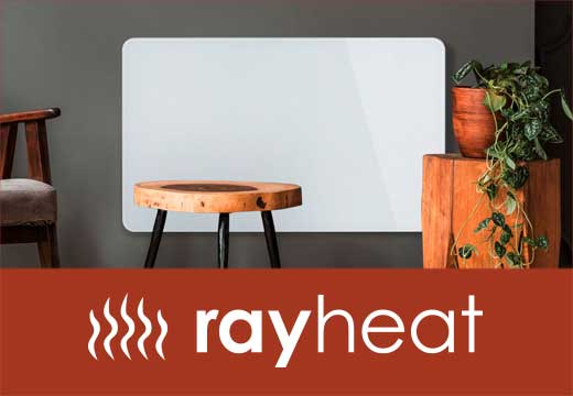 rayheat Infrarotheizung mit Holzhocker und Blumentopf